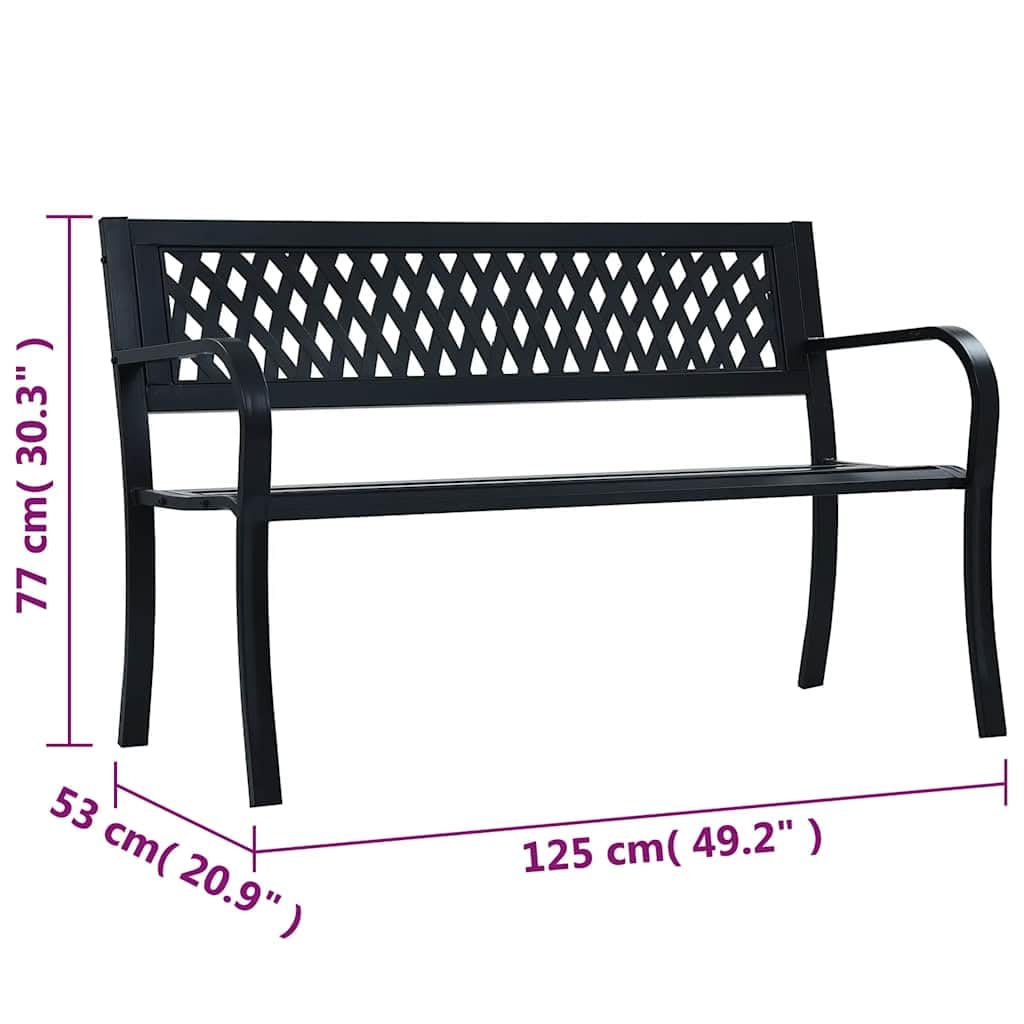 Ławka ogrodowa, 125 cm, czarna, stal z oparciem z tworzywa sztucznego, odporna na warunki atmosferyczne, na taras, balkon, do ogrodu, ławka do siedzenia z podłokietnikami i stabilną konstrukcją