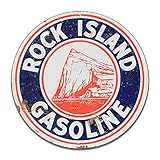 Brotherhood Rock Island Gasoline Motor Oil Mountain Reproduction Car Company Garage Signs Metal Vintage Style Decor Metal Tin Aluminum Round Sign Home Decor with 2 American Flag Vinyl Decals
