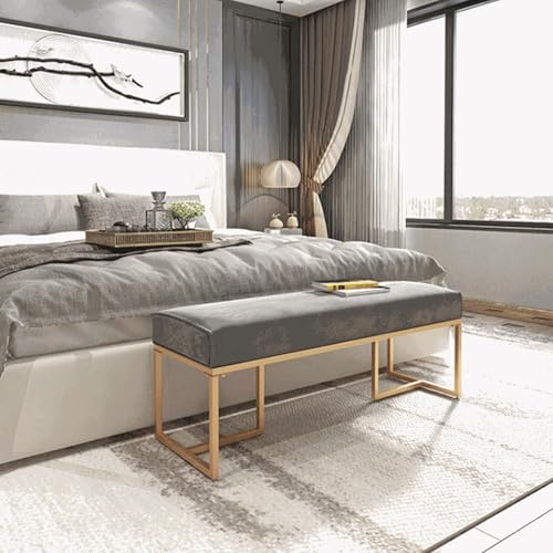 Banqueta tapizada de terciopelo premium con estructura metálica dorada para dormitorio 7