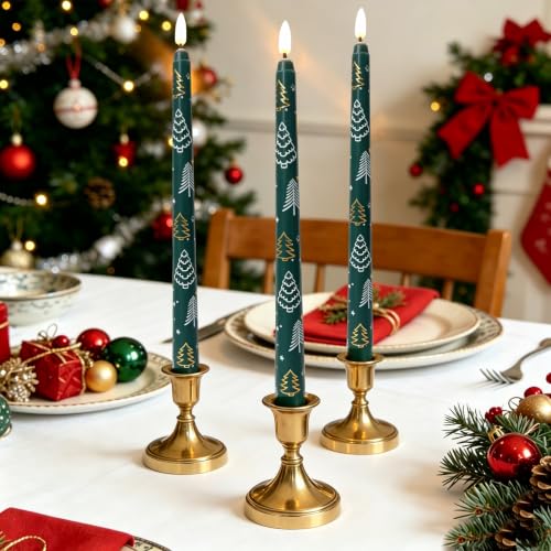 Image of Green Christmas Tree Flameless Taper Candles with Remote Set of 4