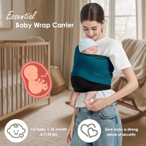 Image of Baby Wrap Carrier, Lightweight Baby Wearing Wraps for Newborn and Infant, Soft Swaddle Holder Carrier, Cozy Baby Sling 7-35 lbs Black+Blue