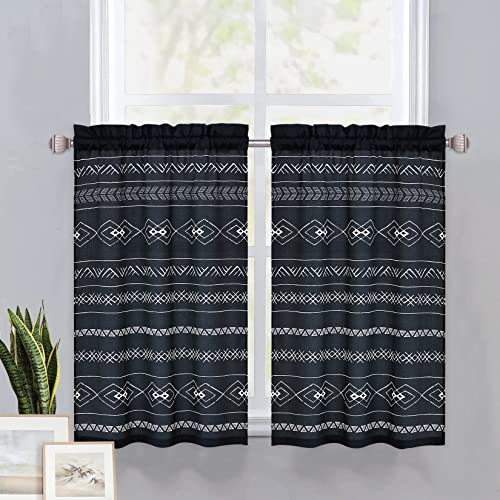 Caremee Boho Kitchen Curtains, 2 Panels Boho Short Window Curtains Geometric Semi-Blackout Window Curtains Farmhouse Country Cafe Curtains For Kitchen Bathroom Bedroom, 26 × 36 Inch, Black Boho #TOP5