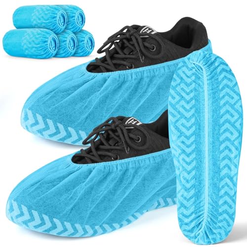 ANOMM Lot de 50 Surchaussures Jetables Bleu en Tissu Non tissé, Motif Grip & Résistants Couvre Chaussure Réutilisable, Antidérapants Surchaussures Lavable pour Maison, chantier