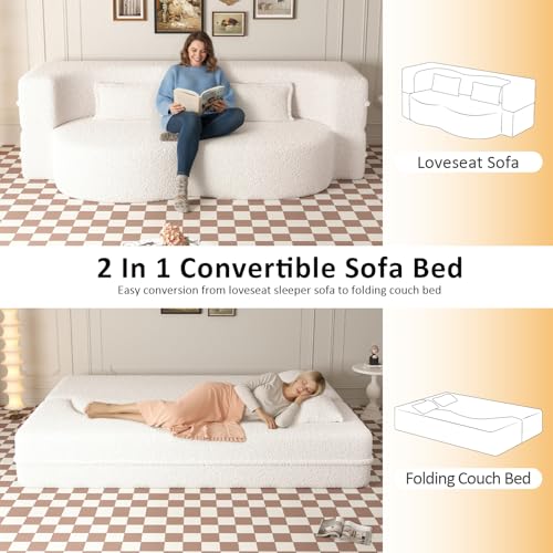 Convertible Sleeper Folding Sofa Bed, Corduroy Loveseat Sofa Boneless Couch | Teddy Boneless Couch, Foldable Sofa Bed Full Size with 2 Pillows for Living Room, Bedroom, Apartment, Guest - Image 5