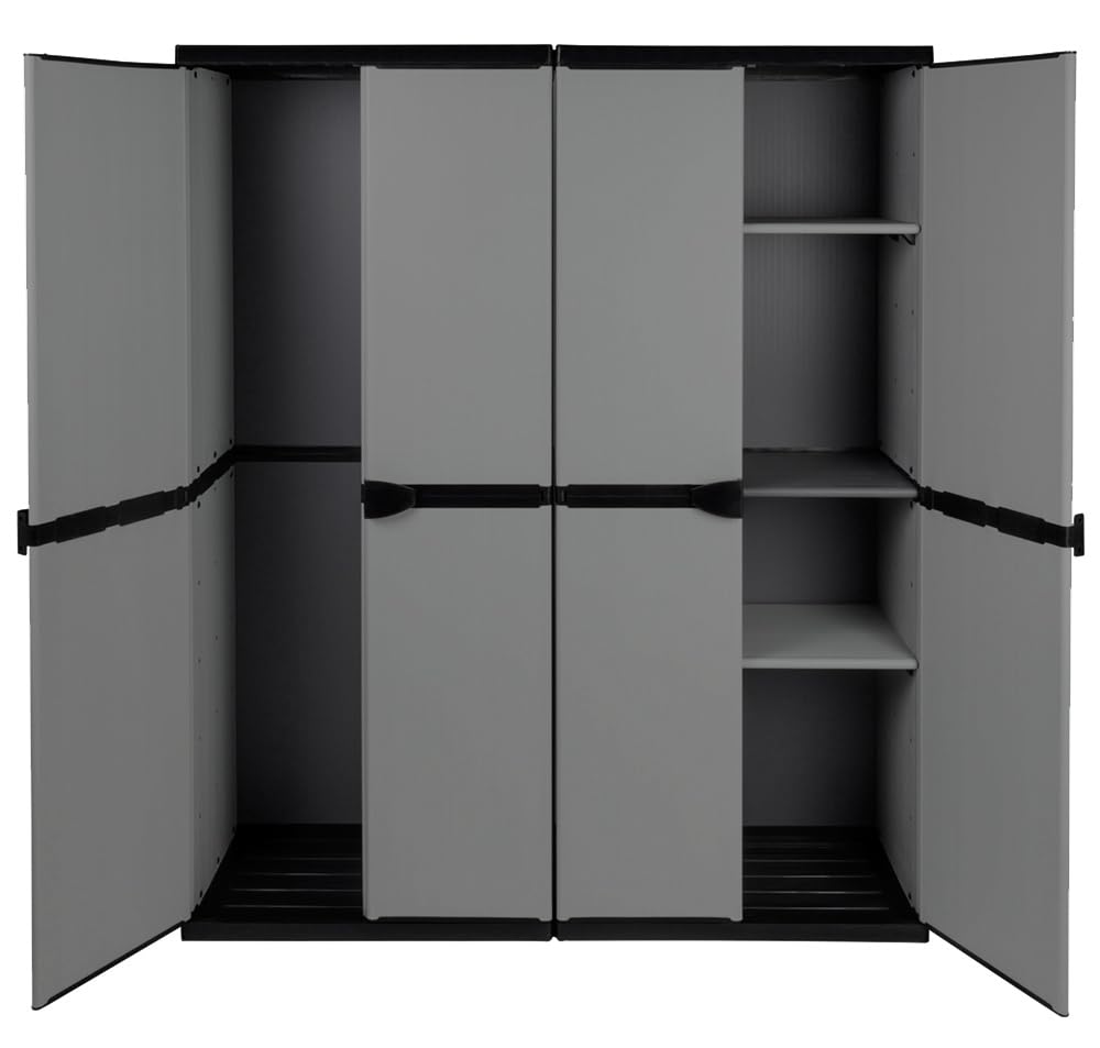 Kreher Vorteilspack: 2 Schränke aus robustem Kunststoff in hellem Grau. EIN Universalschrank mit 3 Böden, EIN Spindschrank mit Besenfach. Jeder Schrank mit Maß: 68 x 38,5 x 168 cm. TOPP!