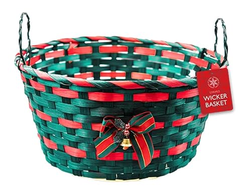 Image of Forest Green with Red Detail Christmas Wicker Basket with Handles & Bell 30cm – Hand-Woven Bamboo Festive Storage Basket, Gift Hamper & Decorative Xmas Display