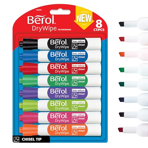 Berol Dry Wipe Whiteboard Marker Pens | Chisel Tip | Assorted Colours | 8 Count Dry Erase Markers