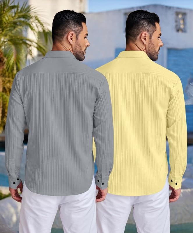 Image of FINIVO FASHION Men's Cotton Blend Shirt Set Lightweight, Full Sleeves, Plain Texture, Button Closure, Summer Ready (Pack of 2)