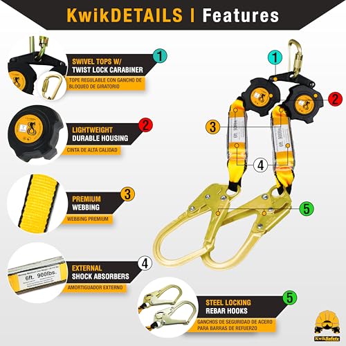Image of KwikSafety - 6' COBRA Web Twin-Leg Self Retracting Lifeline [NO Tangle Web] Class 1 Retractable SRL Lanyard ANSI OSHA