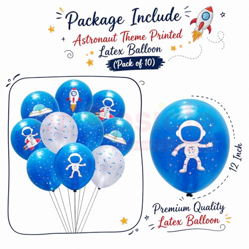 Image of Propsicle Space Theme Printed Latex Balloons 12 Inch, Blue Astronaut Rocket UFO Design for Kids Birthday Decoration, Supports Air and Helium - Pack of 10