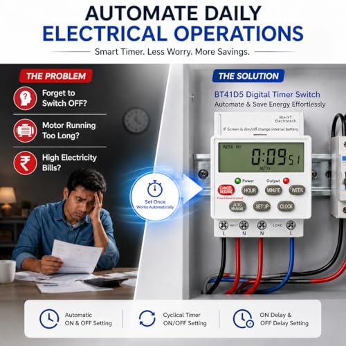 Image of BlackT Electrotech BT41D5 Digital Timer Switch 30A, 230V | Programmable Timer with 24 ON /Off Programs, Cyclic & Manual Start /Stop Delay | for Geyser, Water Pump, Lights, and Motors