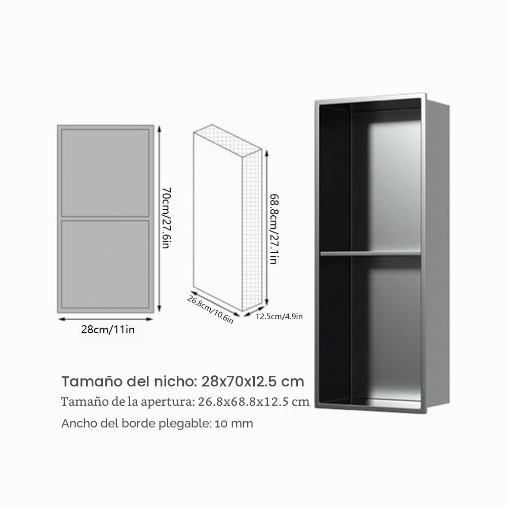 Ducha de Pared de Acero Inoxidable con luz LED, Estante de Almacenamiento de nicho de Ducha Empotrado para baño, no Requiere Azulejos (Negro, 70 x 28 x 12,5 cm)