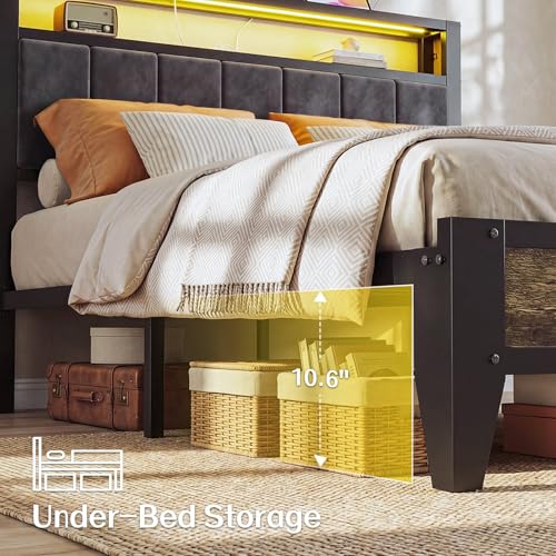 Image of OLEVS Full Size Bed Frame with Charging Station & LED Light, 2-Tier Storage Headboard & Footboard, Type C & USB Ports Metal Platform Bed, No Box Spring Needed, Easy Assembly