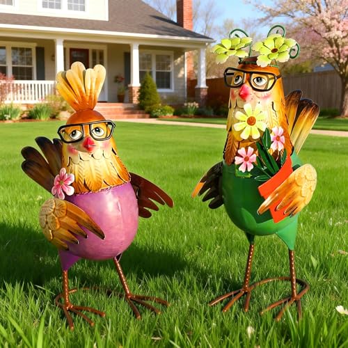 Natelf Metal Rooster & Hen Outdoor Statues Chicken Sculptures Set