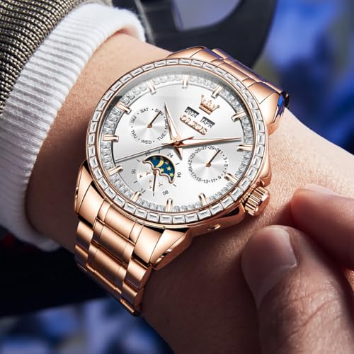 Image of OLEVS Automatic Men Watch Self Winding Mechanical Luxury Dress Moon Phase Stainless Steel Waterproof Luminous Calendar Wrist Watch