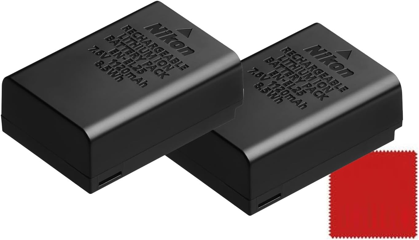 Nikon 2 Pack EN-EL25 Rechargeable Lithium-Ion Battery Bundle with Microfiber Cloth for Z30, Z50, Z50 II, Zfc & More (Bulk Packaging)