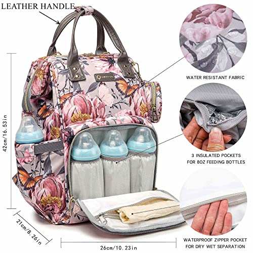 Qwreoia Floral Diaper Bag Backpack With Coin Bag Usb Charging Port Stroller Straps And Insulated Pocket,Travel Nappy Backpack For Women/Mom (Grey Pink Flower Pattern) #TOP1