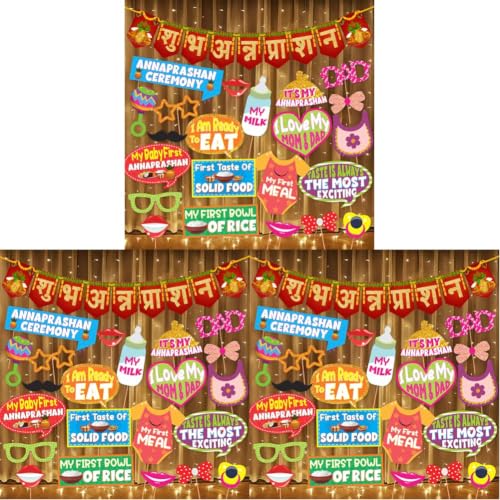 Image of Wobbox Shubh Annaprashan Decoration Items Set which Includes Baby annaprashan Ceremony Props, Subh Annaprashan Banner, Rice Light Decoration, Rice Ceremony Decorations Items(27 Pcs Set)(FP5695)