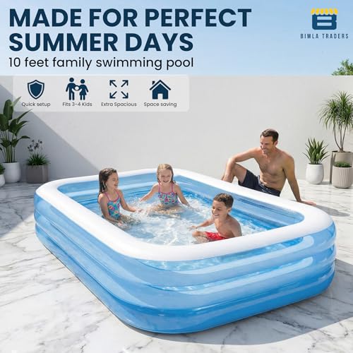 Image of Btag Premium Inflatable Family Swimming Pool for Kids & Adults | Extra-Large 10 Feet 3-Layer Striped Bath Tub Without Pump, 120x72x22 Inch for Home & Outdoor Use