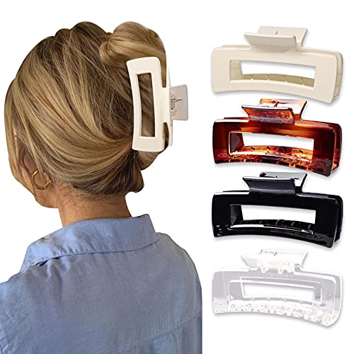 MagicSky 4PCS Large Hair Claw Clips, Acrylic French Design Hair Barrettes Clamps, No Slip Hair Catch Jaw Comfortable for Thick Hair-Fashion Accessories for Women Girls, Black/Transparent/Brown/White
