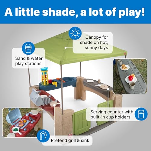 Image of Step2 All Around Playtime Patio with Canopy Playset - Shaded Outdoor Playhouse for Kids with Realistic, Interactive Features, Room for Multiple Toddlers to Play - Dimensions: 60 inch H x 47.5 inch W x 47.5 inch D