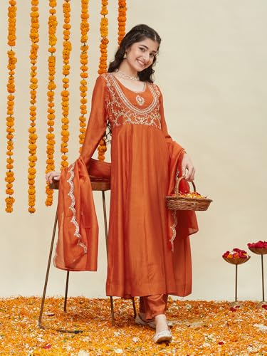 Image of Curly Tales Girls Embroidered Kurta Set with Dupatta | Festive Ethnic Wear for Girls | Stylish Suit Set for Weddings & Celebrations