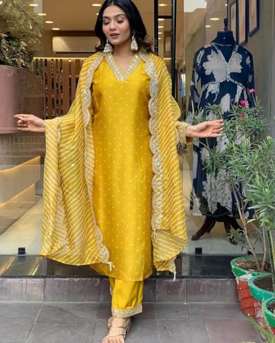 Image of Yashika Women's Silk Blend Table Print Kurta Pant Set with Mal Cotton Digital Print Dupatta and Embroidery Work Suitable for Every Indian Occasion