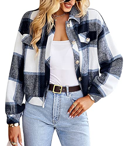 Gihuo Women's Fashion Cropped Shacket Button Down Corduroy Shacket Jackets Casual Plaid Long Sleeve Crop Shirts Jackets Tops (PlaidBlue-L)