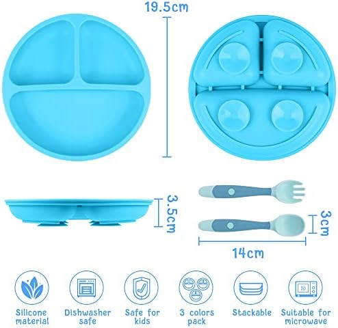Vicloon Baby Suction Plate, 3Pcs Silicone Baby Suction Plates, Non Slip Silicone Baby Weaning Plate, Divided Dishes for Toddler Kids Self Feeding, Fits for Most Highchairs Trays