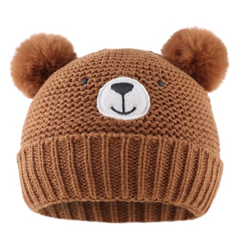 Knitted Bear Beanie with Ears, Walnut, 6-12M