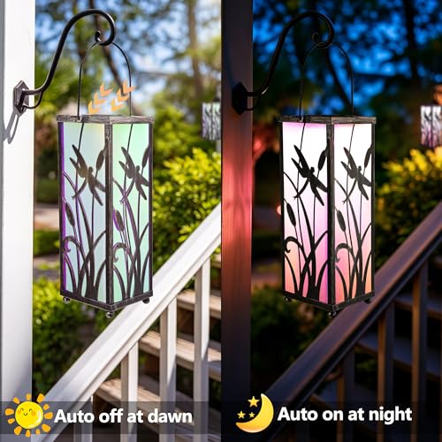 ODEETRONIC Solar Lantern Light, Hanging Dragonfly Lantern with Colorful Film Shade, Metal Solar Tabletop Light Warm White LED Outdoor Garden Lighting Waterproof for Patio Pathway Porch Balcony Decor by ODEETRONIC - Used condition - Image 3