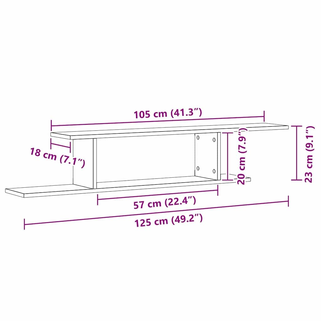 Wandmontiertes TV Regal Schwarz Eichen-Optik aus Holzwerkstoff 125 x 18 x 23 cm mit 2 Regalen, platzsparend und langlebig, ideal für Wohnzimmer, Büro, Schlafzimmer