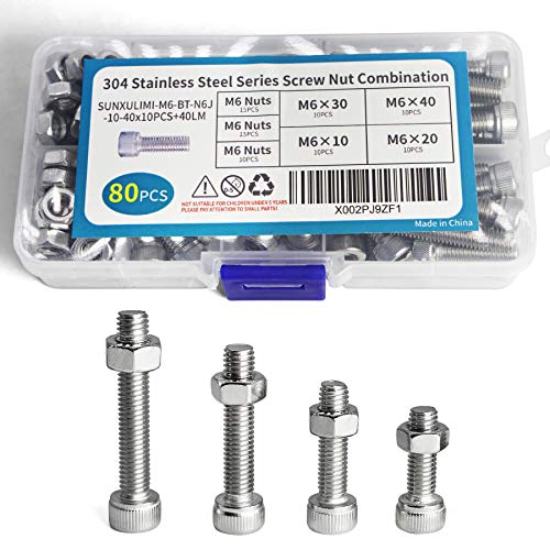 M6 x 10 mm, 20 mm, 30 mm, 40 mm, M6 Innensechskantschrauben, Sortiment mit Aufbewahrungsbox, 304 Edelstahl-Schrauben und Muttern, 80 Stück Cover