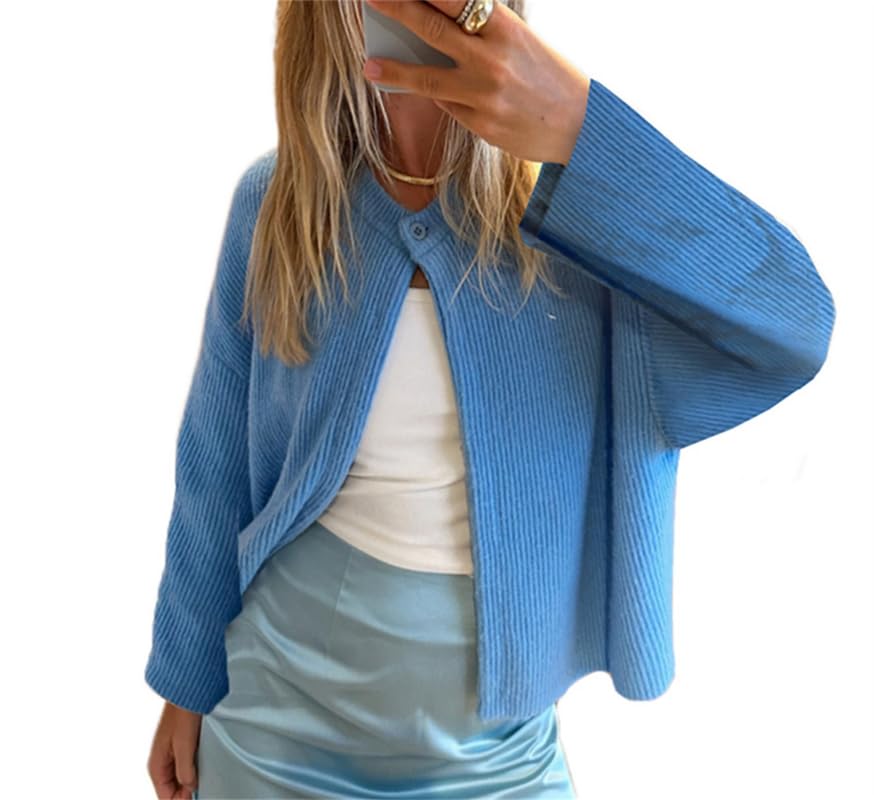 Women Y2k Knitted Crop Cardigan Sweater Long Sleeve Button Down Open Front Loose Casual Knitwear Top Streetwear