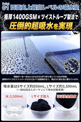 【超極厚1400GSMｘ整備士監修】 洗車 タオル 『"両面史上最高レベル"の吸水力!!』 マイクロファイバークロス 車 吸水タオル 大判 両面 エッジレス プロ仕様 Yuumo+(ユーモプラス) マッハドライヤーW ネイビ×グレー S2枚セット(50×30cm)