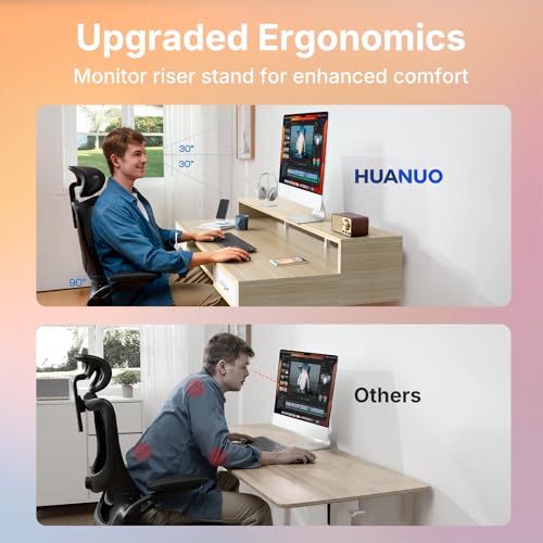Image of HUANUO 55″ x 26″ Electric Standing Desk with 2 Drawers &24.4″ Large Keyboard Tray, C-Clamp Mount Compatible, Adjustable Computer Desk for Office, Sit Stand Up Desk with 4 Height Presets, Light Walnut