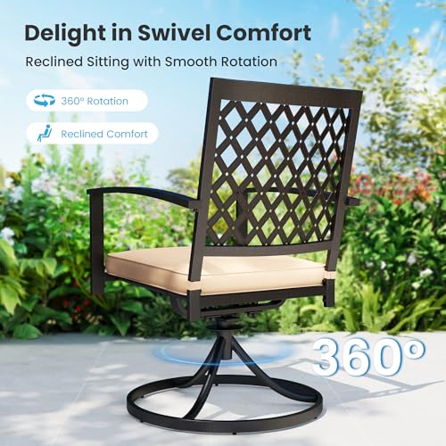 Image of PHI VILLA 7 Pcs Outdoor Dining Set for 6&Fixed Swivel Chairs Combo | 60 inchRectangular Black Metal Table with Umbrella Hole Patio Furniture Set for Patio, Deck, Backyard, Porch