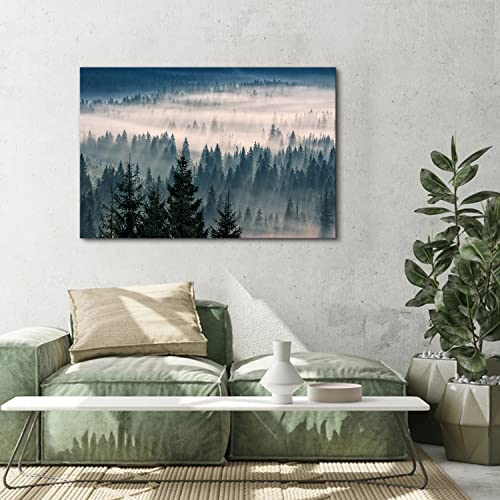Foggy Forest Wall Art Green Pine Tree Canvas Pictures For Living Room Misty Mountain Nordic Photographic Nature Wilderness Landscape Painting Scenery Artwork Bedroom Bathroom Home Decorations 24X36" #TOP4