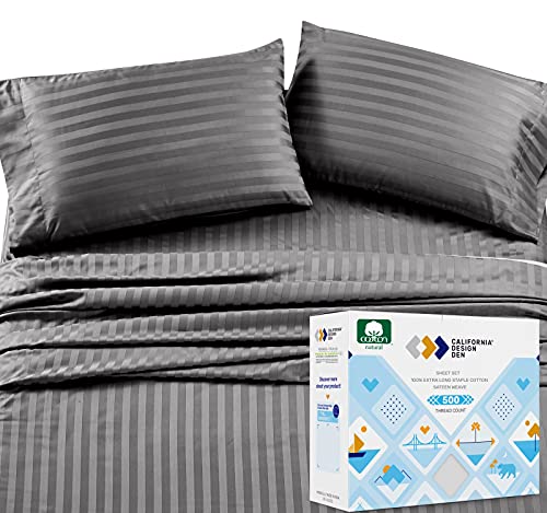 California Design Den - Deep Pocket Queen Sheets Soft 100% Cotton Cooling Sheets Deep Pockets Snug Fit Elastic, 500 Thread Count, 4-Pc, Hotel Quality, Damask Stripe Sheets For Bed (Stripe - Dark Gray)