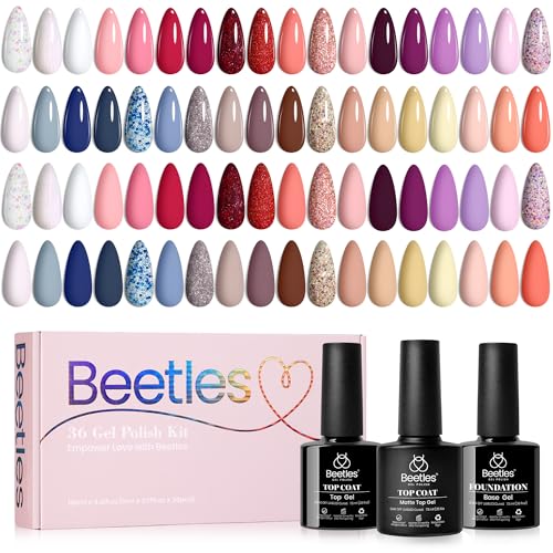 Beetles - Juego de esmaltes de uñas UV, 39 unidades, colección Lingering, esmalte en gel, 36 colores, rosa, rojo, morado, femenino, elegante, brillante, reluciente, con 3 unidades de base-mate-capa