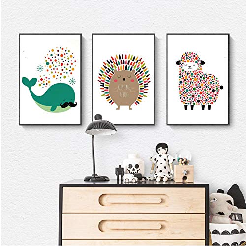 NR Habitación Infantil Lienzo Decorativo Pintura nórdica Animal de Dibujos Animados Ballena Erizo Cordero Moderno Simple Colgante Imagen Animal Print 30x40cmx3 sin Marco