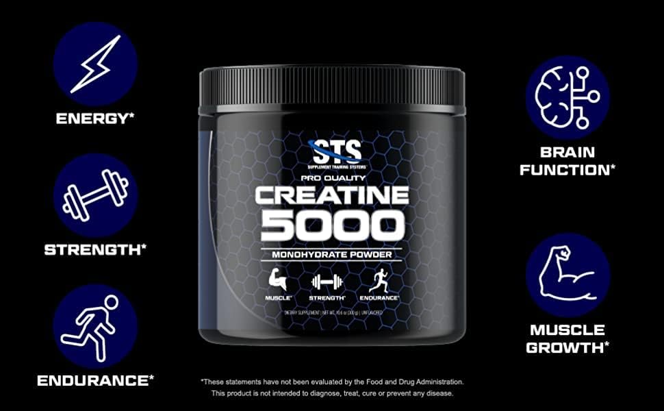 STS Creatine 300 Grams - 100% Pure Raw Creatine Monohydrate Powder, Pre-Workout, Post-Workout, Build Muscle and Stamina - 60 Servings