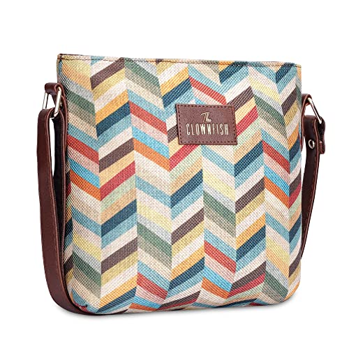 Image of THE CLOWNFISH Aahna Printed Handicraft Fabric Crossbody Sling bag for Women Casual Party Bag Purse with Adjustable Shoulder Strap for Ladies College Girls (Multicolour-Rainbow Design)