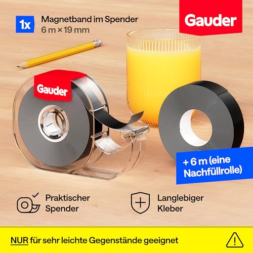 GAUDER Magnetband im Spender - Selbstklebender Magnetstreifen - Zuschneidbare Magnetbandrolle zum Befestigen von leichten Gegenständen auf Metallflächen (6 m x 19 mm + Nachfüllrolle)
