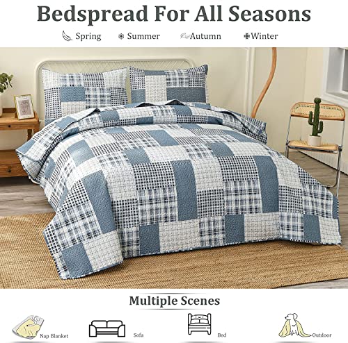 Jarson 3-Piece Plaid Quilt Set King Size, Lightweight Soft Summer Bedding Set, Blue White Patchwork Reversible Bedspread (1 Coverlet & 2 Pillow Shams Included) #TOP5