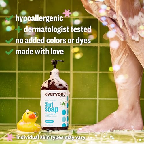 Image of Everyone 3-in-1 Soap, Body Wash, Bubble Bath, Shampoo, 32 Ounce (Pack of 2), Unscented, made for Men and Women | Fragrance-free | sensitive skin safe | shampoo + body wash + bubble bath | plant-based | bulk 2-pack | 64oz total