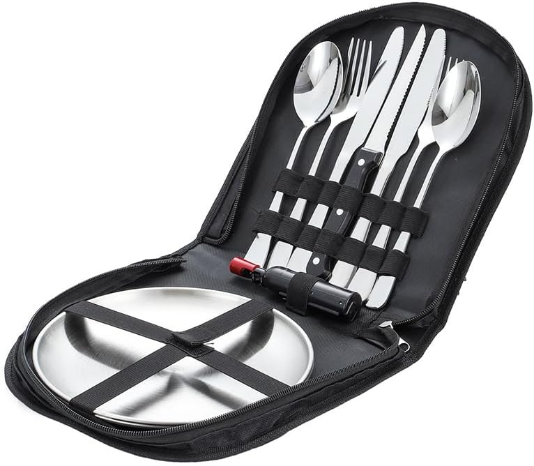 Silverware Flatware Cutlery Set， 304 Stainless Steel Outdoor Camping Tableware Set for Two， Wooden Handle Knife， Fork， Spoon， Steak Clip， Bottle Opener，Silver-12Set