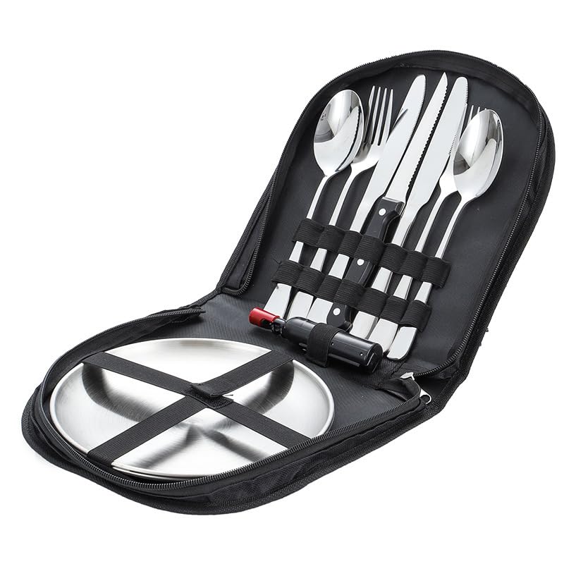 Besteck Set Edelstahl Camping Besteck für Zwei Holzgriff Messer Gabel Löffel Steak Clip Flaschenöffner 12 Stück Outdoor Geschirr