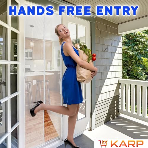 Image of KARP Mosquito Net for Doors with Magnet- Heavy Duty Mesh Screen Door with Stay-Open Buckle, Auto Close Magnets, Hands-Free Entry, Easy Install, Pet & Kid Friendly for Home (100 X 210, White)