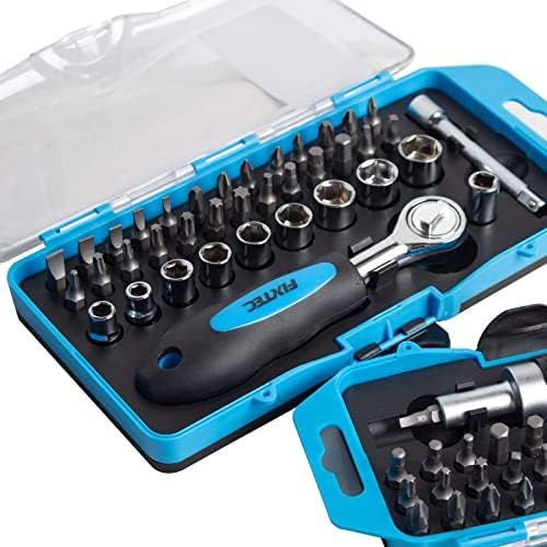 FIXTEC 38-Piece Ratchet Screwdriver Bits & Wrench Socket Tool Set, Home Repair Kit with Plastic Toolbox Storage Case
